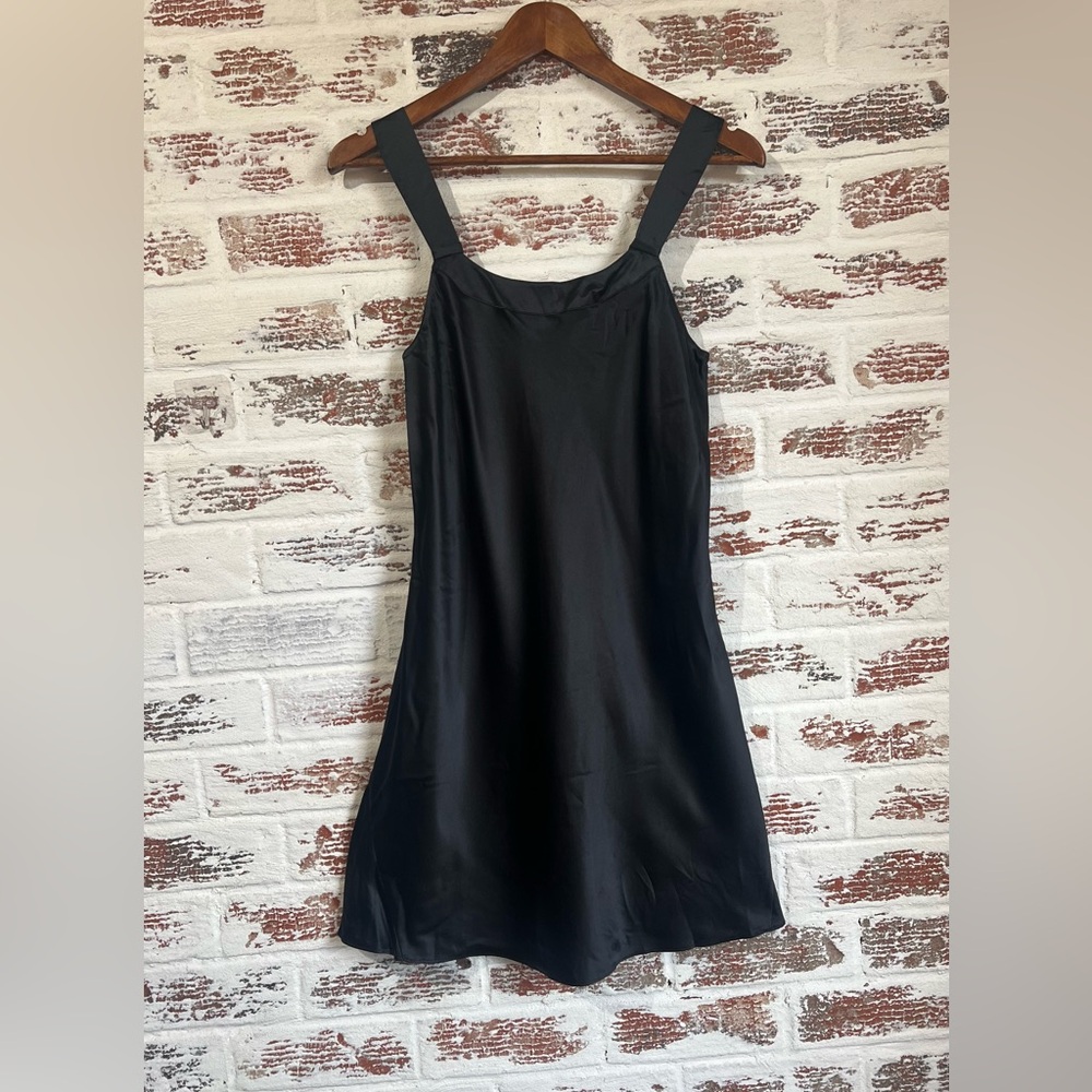 Cabernet Black Satin Mini Slip Dress Square Neck Minimalist Clean Girl 90s XS